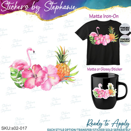 (s02-017) Hibiscus Flowers Flamingo Pineapple Tropical Graphic Iron-On Transfer or Sticker