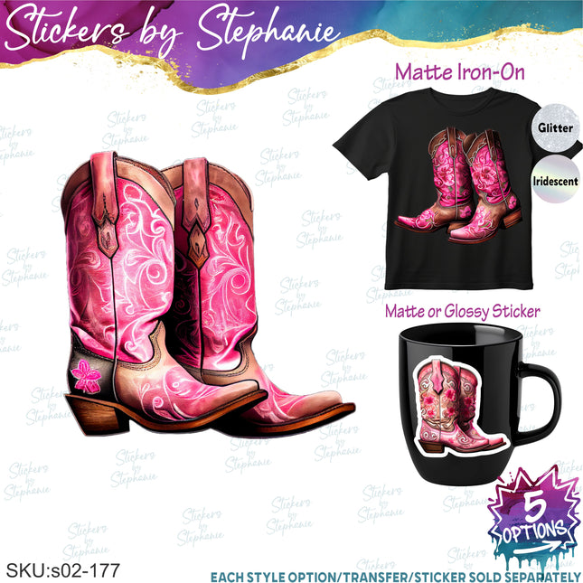 (s02-177) Pink Cowboy Cowgirl Boots Graphic Iron-On Transfer or Sticker