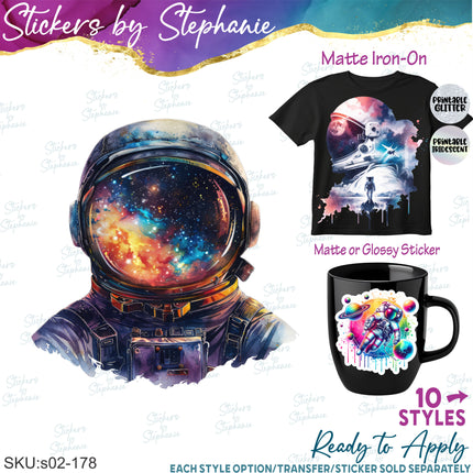 (s02-178) Astronaut Galaxy Space Watercolor Graphic Iron-On Transfer or Sticker