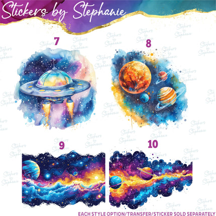 (s02-178) Astronaut Galaxy Space Watercolor Graphic Iron-On Transfer or Sticker