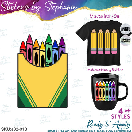 (s02-018) Box Crayons Yellow Pencils Graphic Iron-On Transfer or Sticker