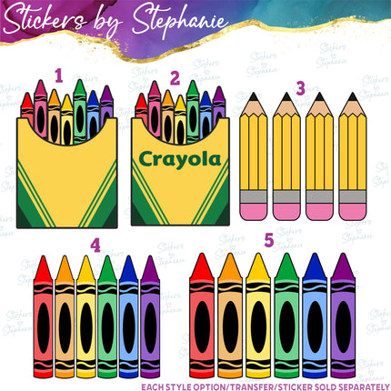 (s02-018) Box Crayons Yellow Pencils Graphic Iron-On Transfer or Sticker