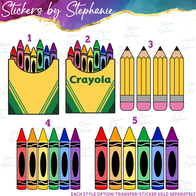 (s02-018) Box Crayons Yellow Pencils Graphic Iron-On Transfer or Sticker