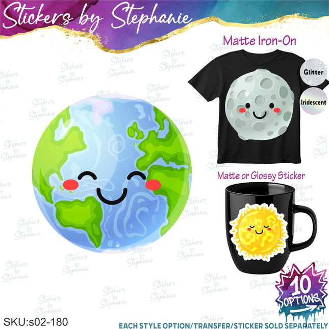 (s02-180) Kawaii Planets Earth Sun Moon Graphic Iron-On Transfer or Sticker