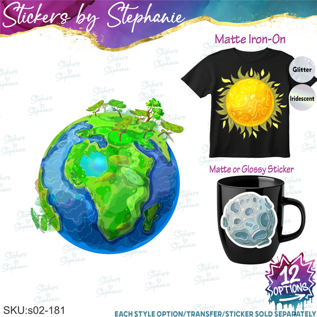 (s02-181) Earth Sun Moon Planets Illustrated Graphic Iron-On Transfer or Sticker