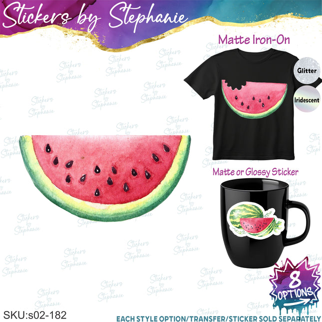 (s02-182) Red Watermelon Half Slice Whole Watercolor Graphic Iron-On Transfer or Sticker