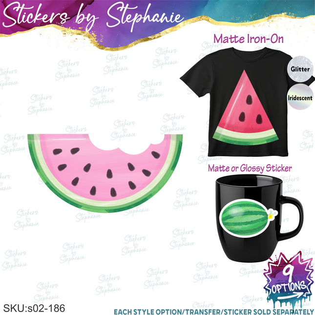 (s02-186) Pink Red Half Quarter Slice Whole Illustrated Graphic Iron-On Transfer or Sticker