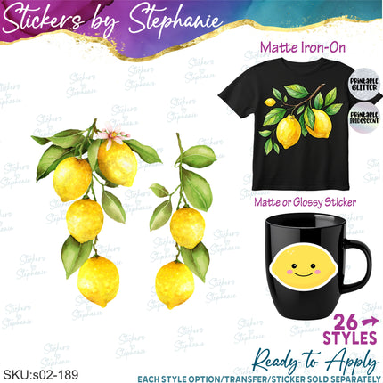 (s02-189) Lemon Lemons Fruit Watercolor Graphic Iron-On Transfer or Sticker