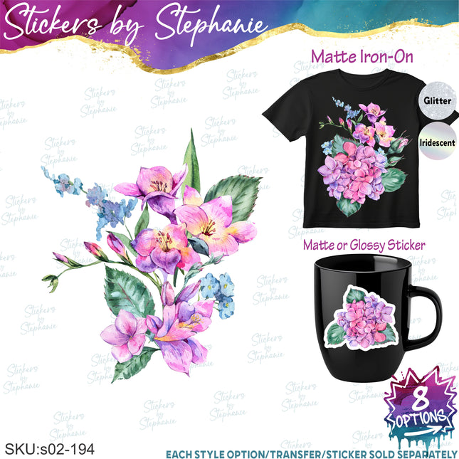 (s02-194) Purple Freesia Hydrangea Flowers Graphic Iron-On Transfer or Sticker