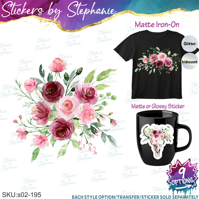 (s02-195) Burgundy Pink Roses Flowers Graphic Iron-On Transfer or Sticker