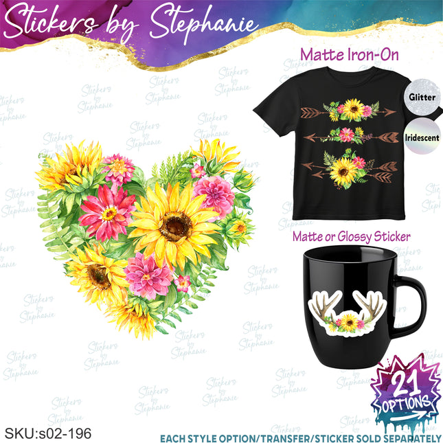 (s02-196) Sunflowers Arrow Cow Skull Antlers Graphic Iron-On Transfer or Sticker