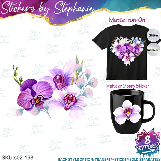 (s02-198) Purple White Orchids Flowers Graphic Iron-On Transfer or Sticker