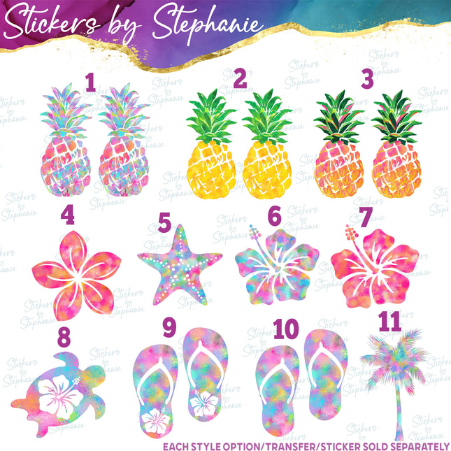 (s02-003) Pink Hibiscus Plumeria Flower Pineapple Graphic Iron-On Transfer or Sticker