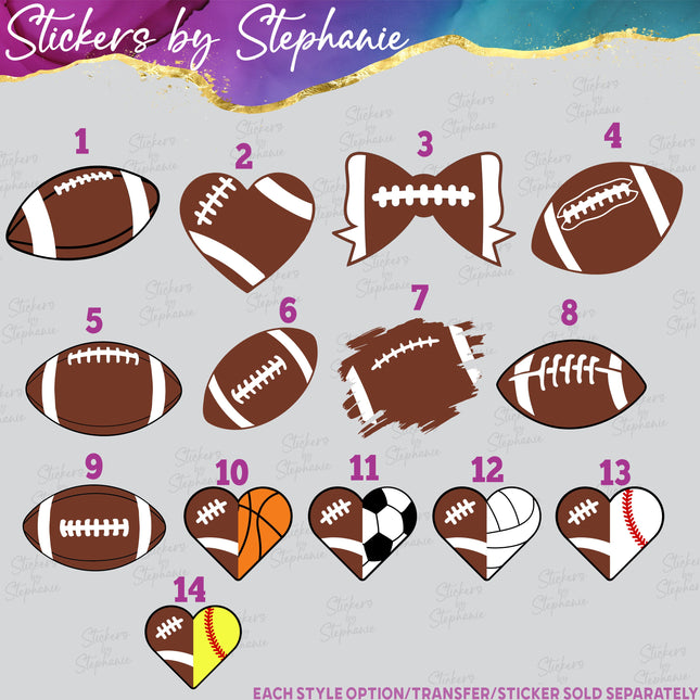 (s02-361) Football Ball Heart Bow Iron-On Transfer