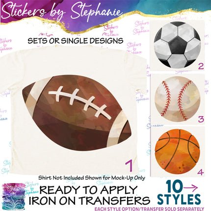 (s02-363) Sports Balls Watercolor Iron-On Transfer or Sticker