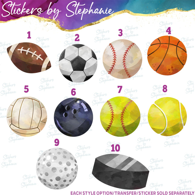 (s02-363) Sports Balls Watercolor Iron-On Transfer or Sticker