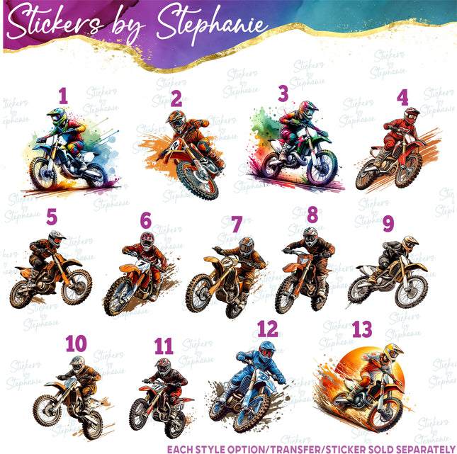 (s02-394) Motocross Dirt Bike Rider Riding Iron-On Transfer or Sticker