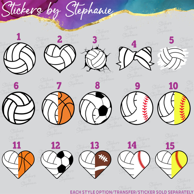 (s02-364) Volleyball Ball Heart Bow Iron-On Transfer