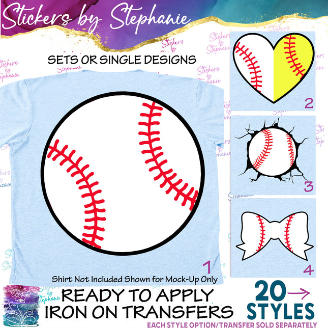 (s02-365) Baseball Ball Heart Bow Iron-On Transfer