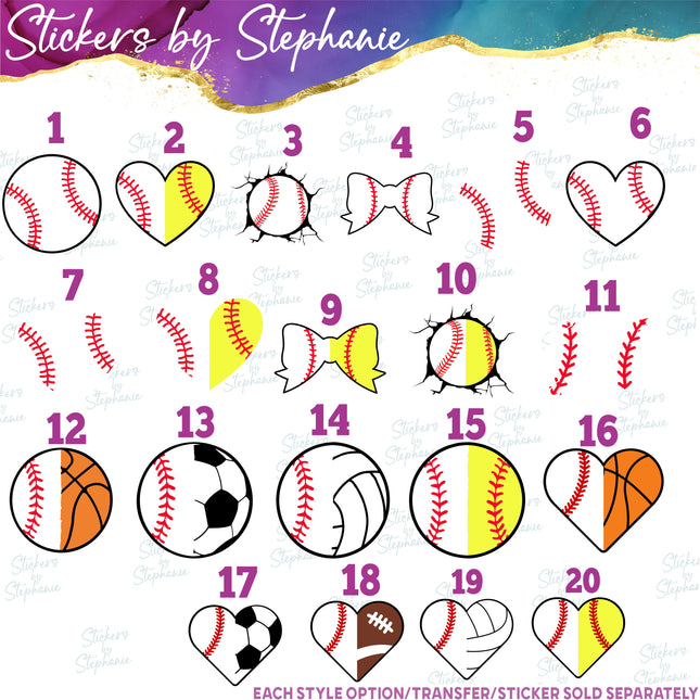 (s02-365) Baseball Ball Heart Bow Iron-On Transfer