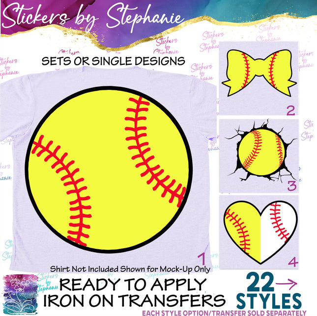 (s02-366) Softball Ball Heart Bow Iron-On Transfer