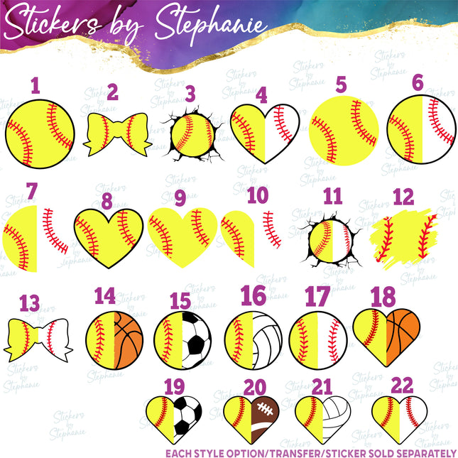 (s02-366) Softball Ball Heart Bow Iron-On Transfer