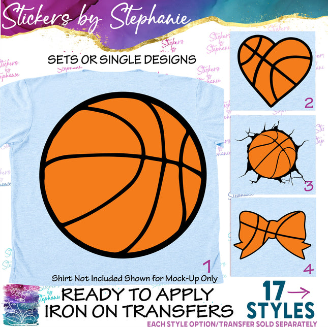 (s02-367) Basketball Ball Heart Bow Iron-On Transfer
