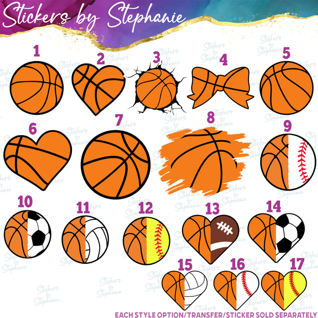(s02-367) Basketball Ball Heart Bow Iron-On Transfer