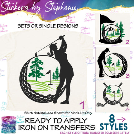 (s02-369) Golf Ball Golfer Illustrated Iron-On Transfer or Sticker