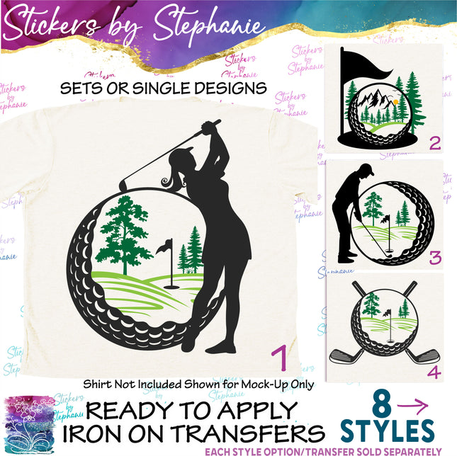 (s02-369) Golf Ball Golfer Illustrated Iron-On Transfer or Sticker
