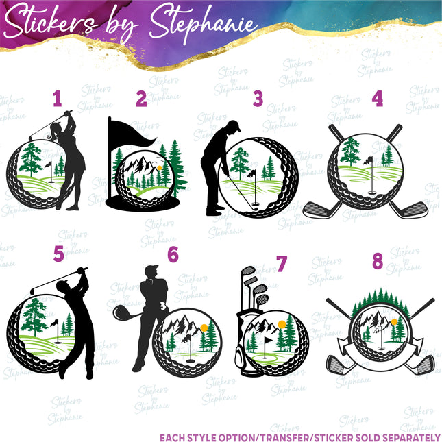 (s02-369) Golf Ball Golfer Illustrated Iron-On Transfer or Sticker