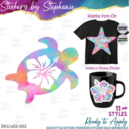(s02-002) Sea Turtle Starfish Tropical Graphic Iron-On Transfer or Sticker