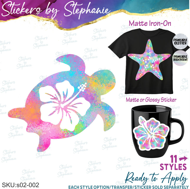 (s02-002) Sea Turtle Starfish Tropical Graphic Iron-On Transfer or Sticker