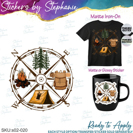 (s02-020) Camping Backpack Compass Watercolor Graphic Iron-On Transfer or Sticker