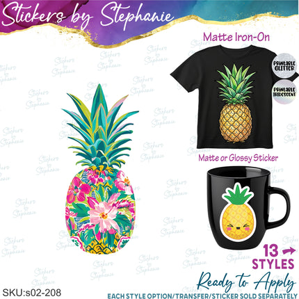 (s02-208) Pineapple Tropical Preppy Watercolor Graphic Iron-On Transfer or Sticker