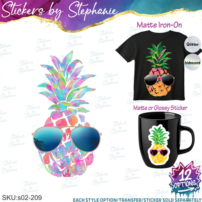 (s02-209) Tropical Watercolor Pineapple Sunglasses Graphic Iron-On Transfer or Sticker