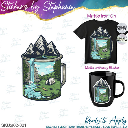 (s02-021) Camp Camping Mug Illustrated Graphic Iron-On Transfer or Sticker
