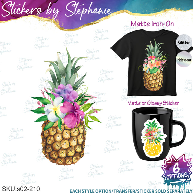 (s02-210) Pineapple Flowers Tropical Graphic Iron-On Transfer or Sticker