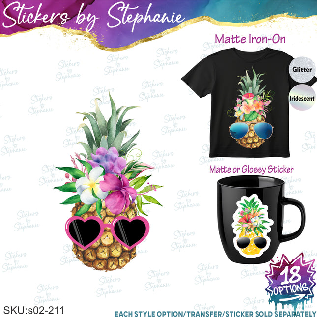 (s02-211) Pineapple Sunglasses Flowers Graphic Iron-On Transfer or Sticker