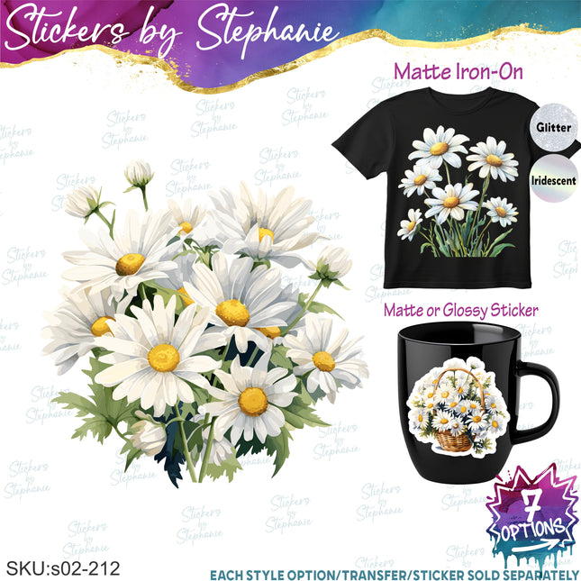 (s02-212) White Daisies Daisy Flowers Graphic Iron-On Transfer or Sticker