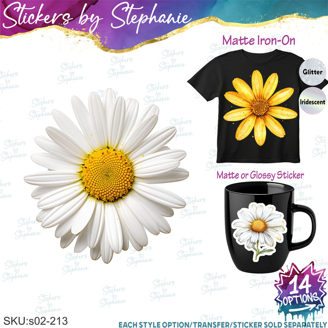 (s02-213) White Yellow Daisy Flower Graphic Iron-On Transfer or Sticker