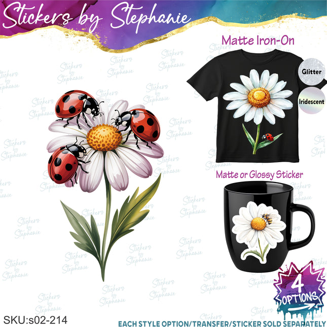 (s02-214) Daisy Flower Daisies Ladybug Bumble Bee Graphic Iron-On Transfer