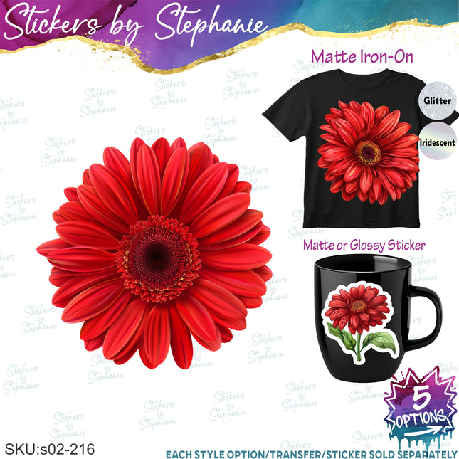 (s02-216) Red Daisy Daisies Flowers Graphic Iron-On Transfer or Sticker