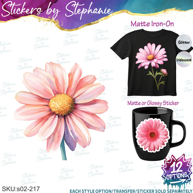 (s02-217) Pink Daisy Daisies Flowers Graphic Iron-On Transfer or Sticker