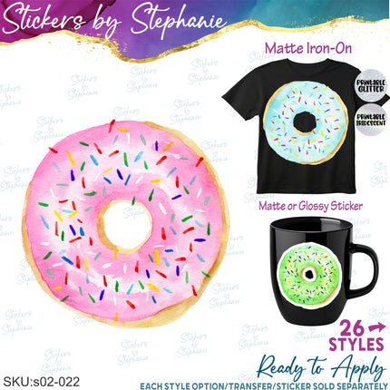 (s02-022) Donut Watercolor Donuts Graphic Iron-On Transfer or Sticker