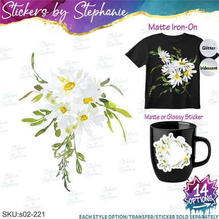 (s02-221) Daisy Daisies Flowers Watercolor Graphic Iron-On Transfer