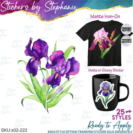 (s02-222) Purple Iris Irises Flowers Graphic Iron-On Transfer or Sticker