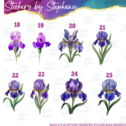 (s02-222) Purple Iris Irises Flowers Graphic Iron-On Transfer or Sticker