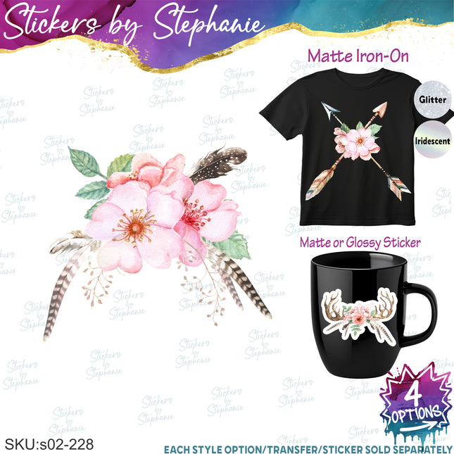 (s02-228) Pink Wild Rose Flowers Graphic Iron-On Transfer or Sticker