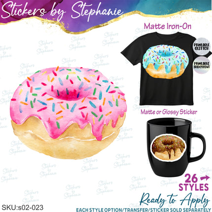 (s02-023) Donut Watercolor Donuts Graphic Iron-On Transfer or Sticker